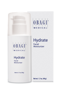 A bottle of obagi medical hydrate facial moisturizer next to its box.
