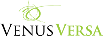 A logo for venus versa with a green swirl