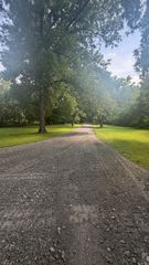 Gravel path winding through a green park with tall trees and sunlight filtering through the leaves