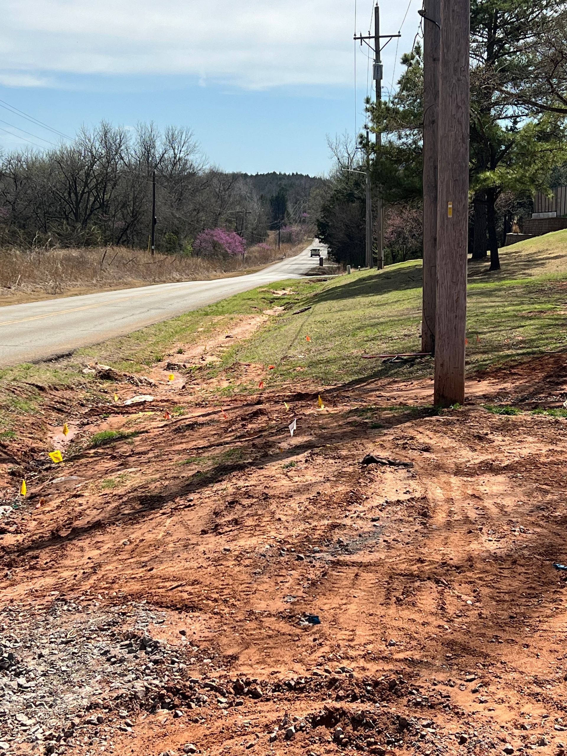 Rural roadside with a dirt shoulder, utility poles, and trees under a clear sky