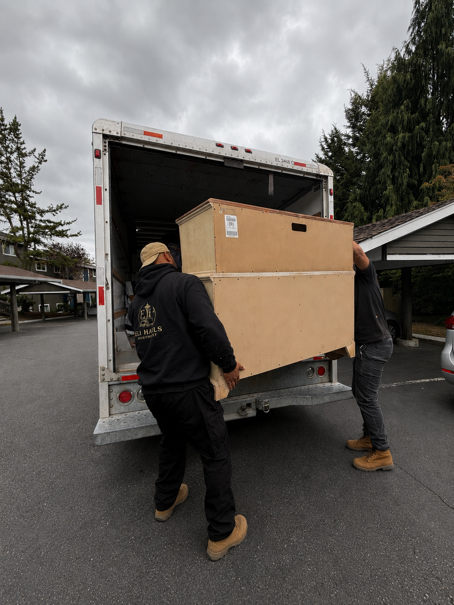 Two workers loading a large cardboard box into the back of a white truck in a parking lot