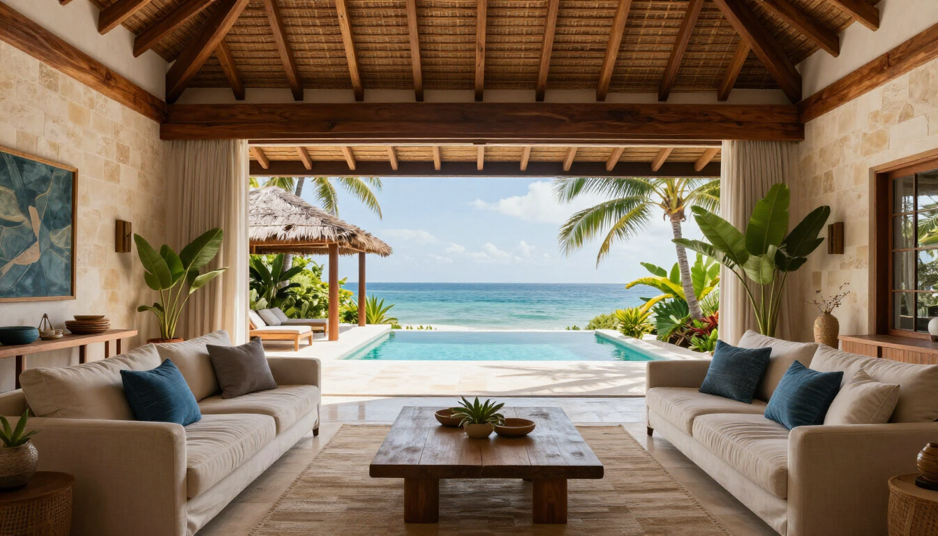 Open-plan coastal living room opening onto a veranda and private pool