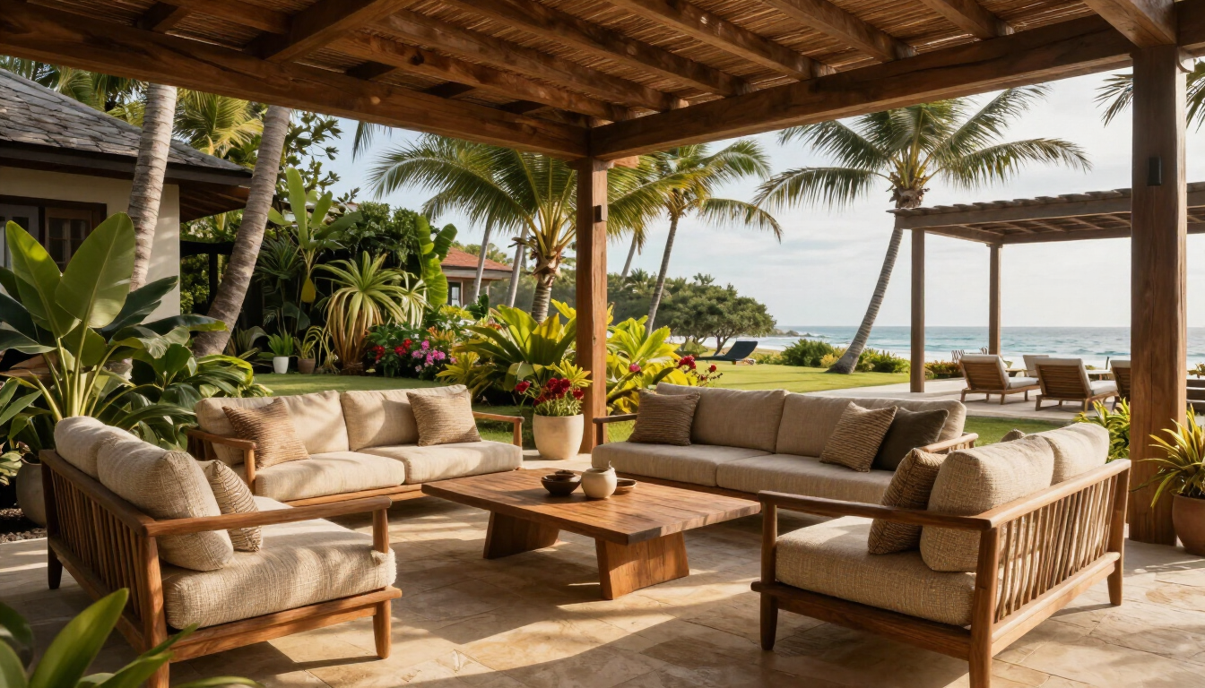 Shaded terrace with tropical planting and relaxed outdoor seating