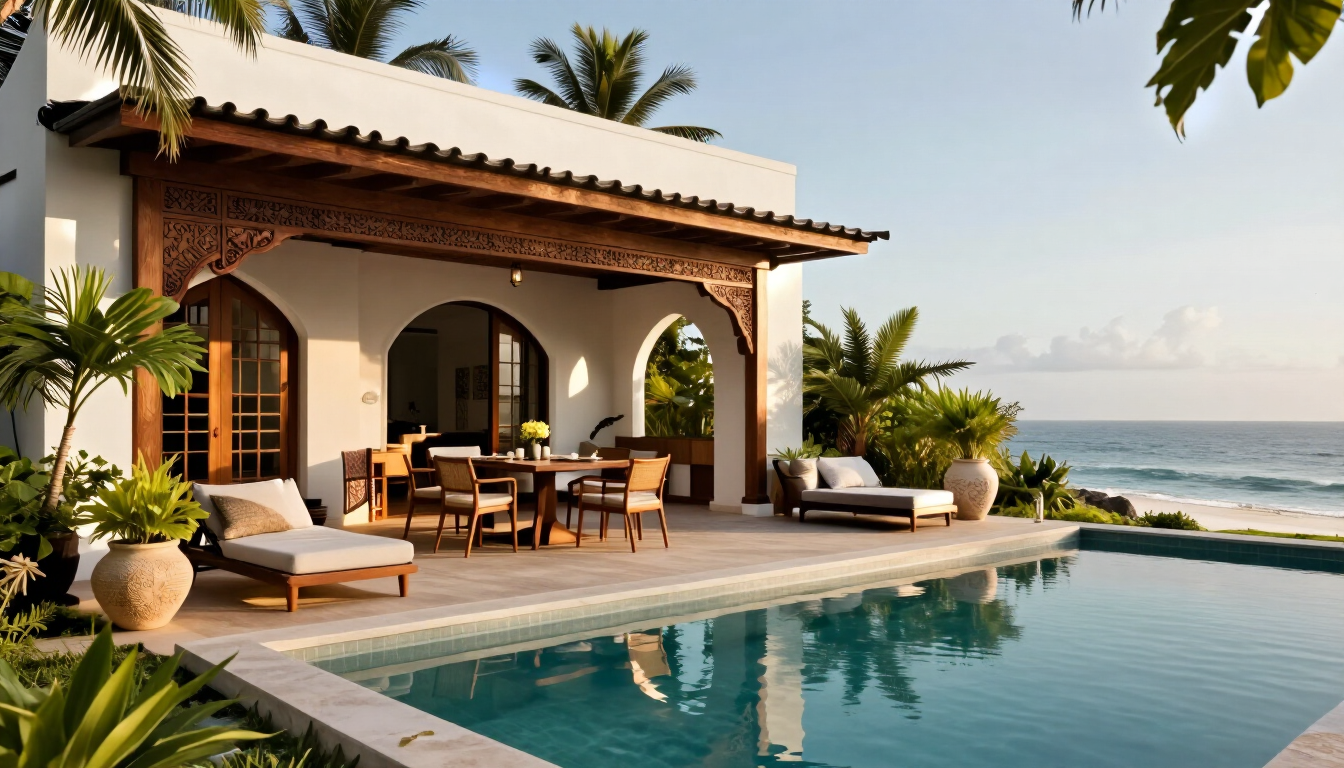 Outdoor rooftop dining deck beside a private pool in a refined Watamu apartment