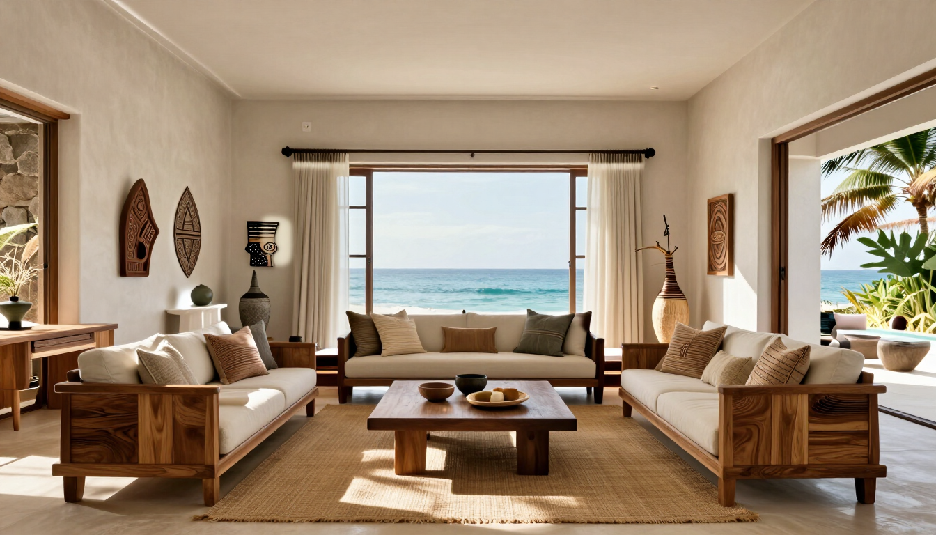 Kenyan coastal interior design with natural textures and handcrafted furniture