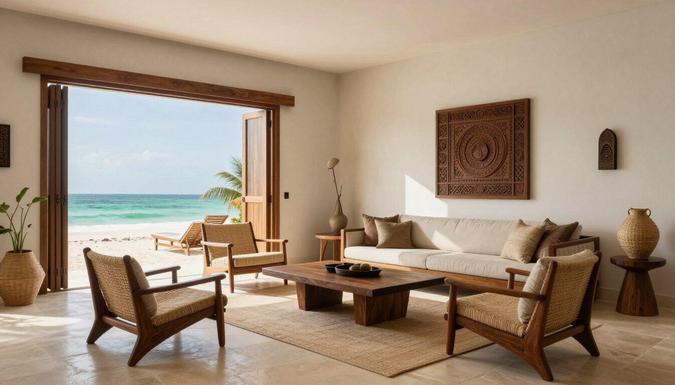 Kenyan coastal interior design with natural textures and handcrafted furniture