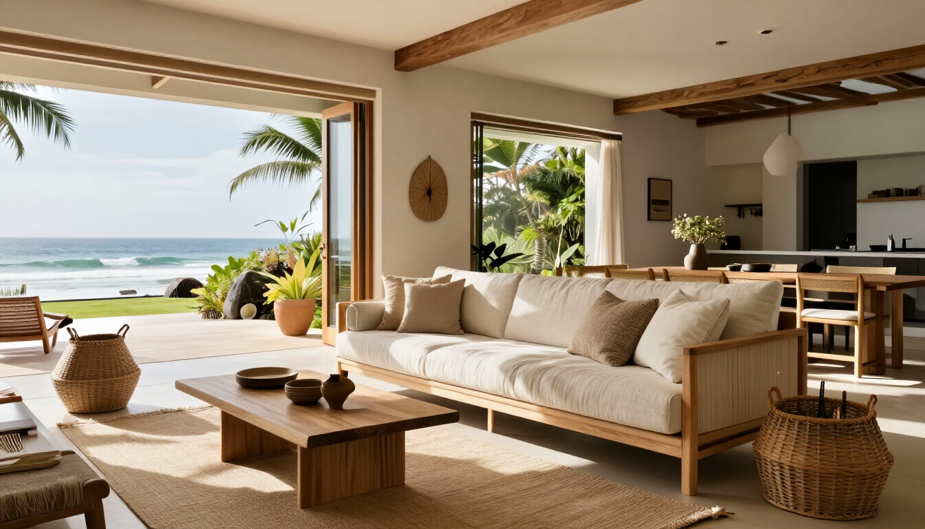 Photorealistic coastal living room with woven textures, pale timber, linen seating, and soft sunlight