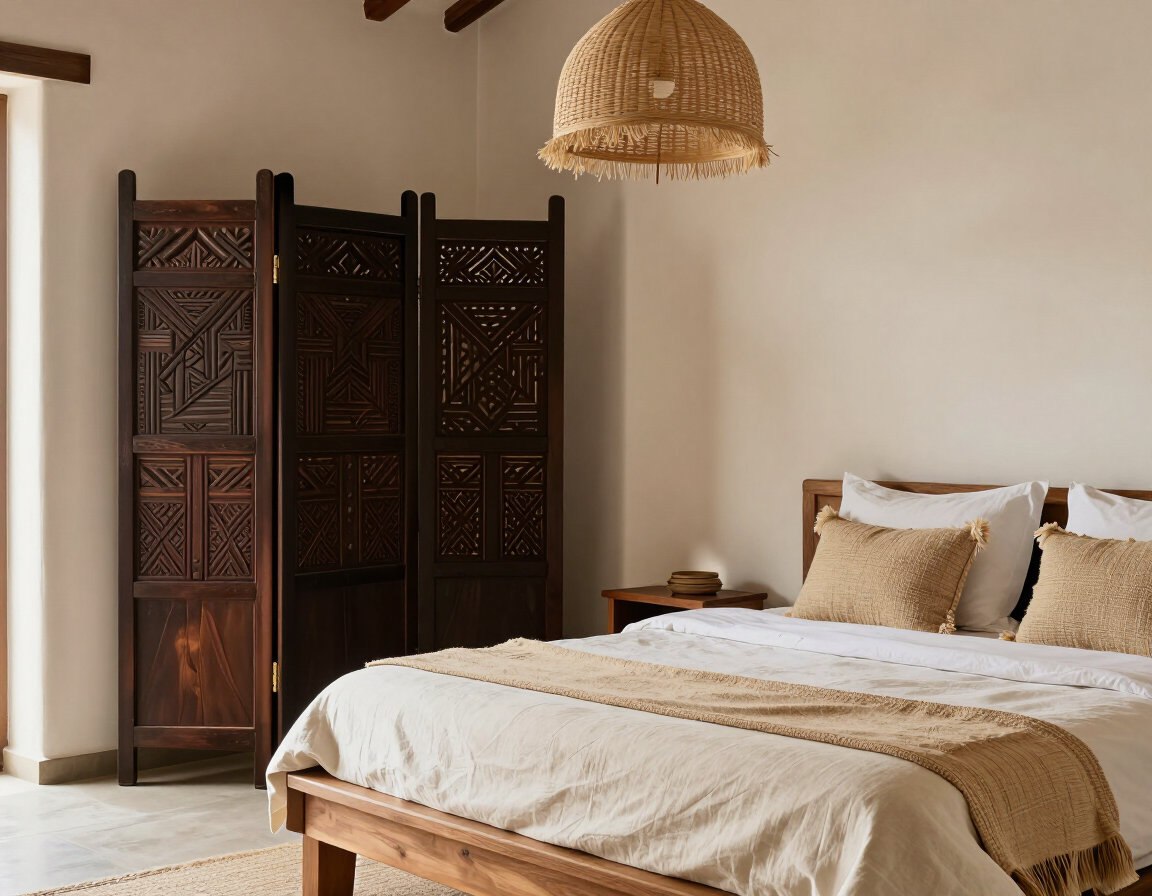 Photorealistic Swahili-inspired bedroom with carved wood screen, linen bedding, woven pendant, and neutral coastal palette