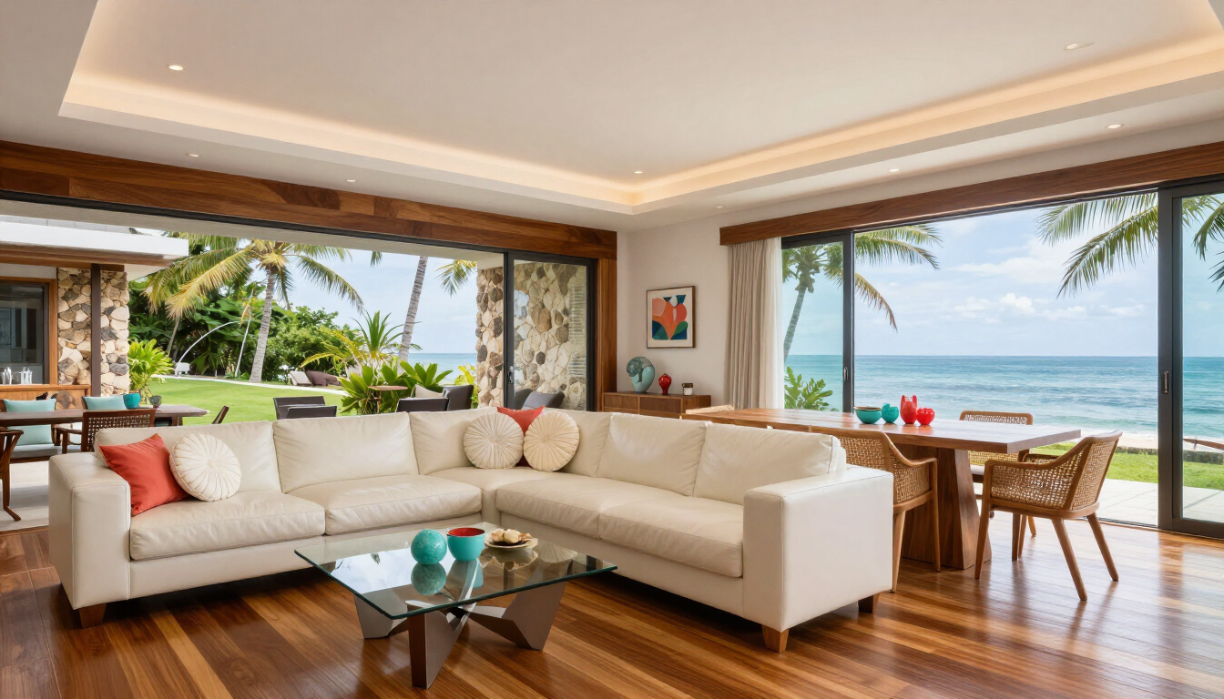 Bright oceanfront living room with white sectional, wood floors, and dining table by large open windows