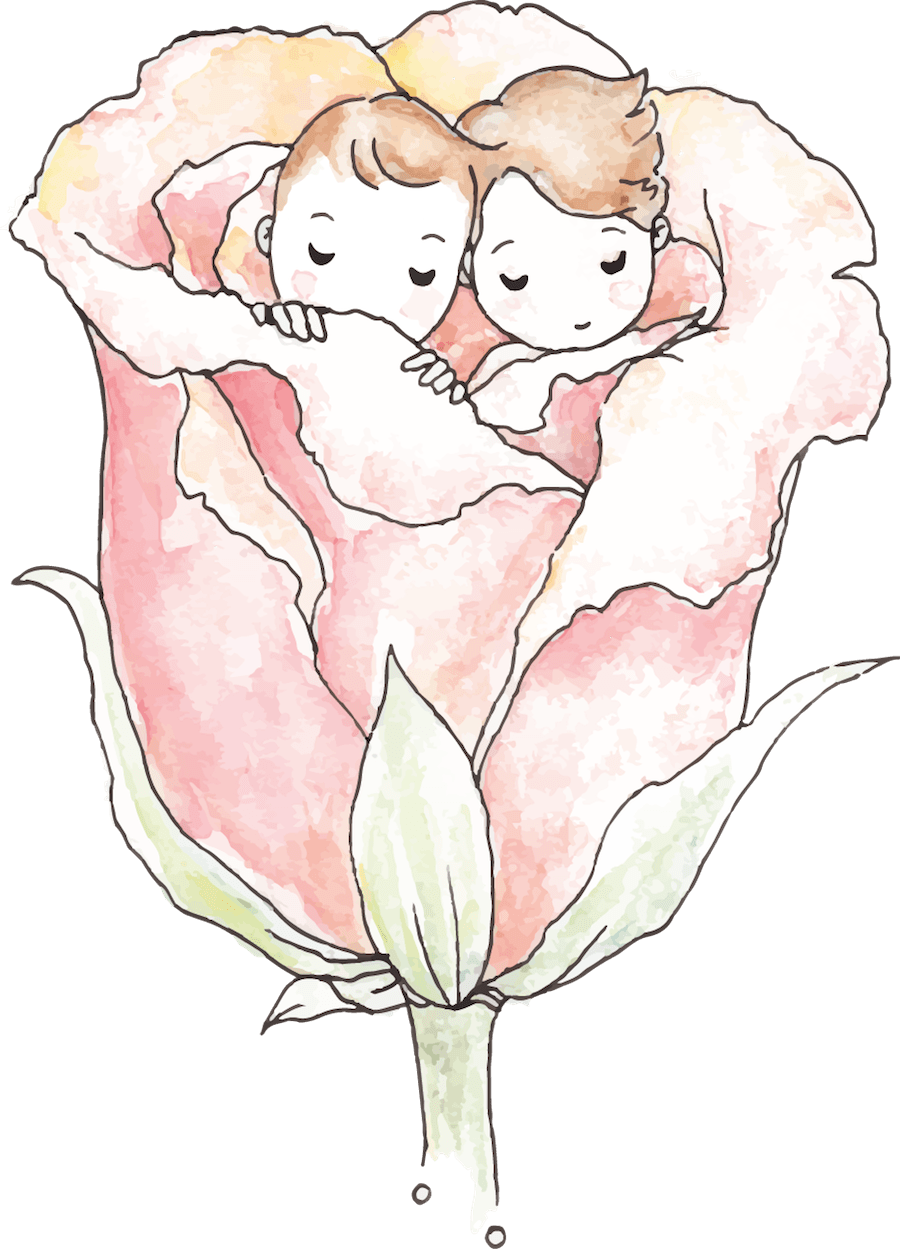 Two sleeping faces nestled in a soft pink flower bloom