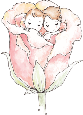 Two sleeping faces nestled in a soft pink flower bloom