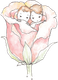 Two sleeping faces nestled in a soft pink flower bloom