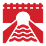 Red bridge icon over wavy water.
