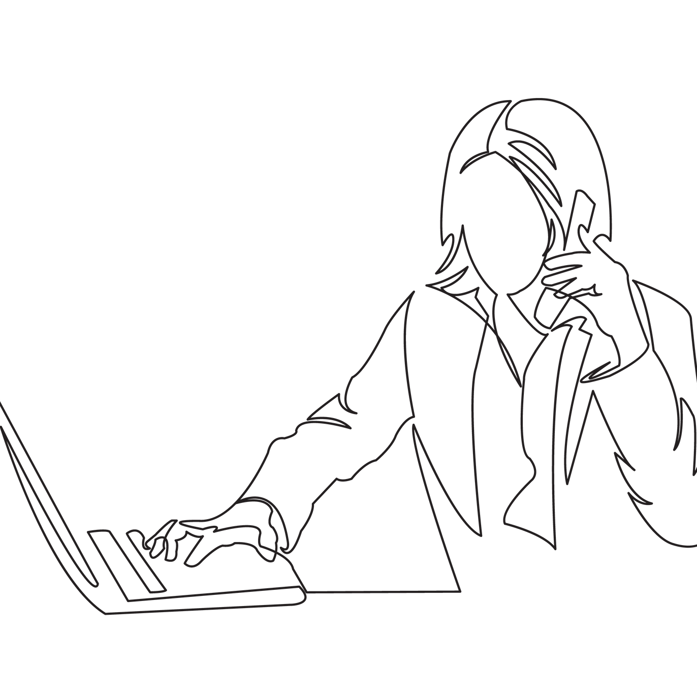 A woman is talking on a cell phone while using a laptop computer.