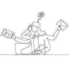 A continuous line drawing of a woman sitting at a desk holding a laptop and a bottle of wine.