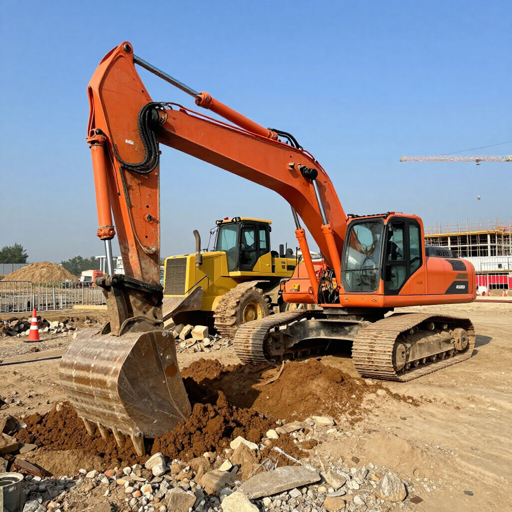 Orange excavator digging dirt at a construction site with a yellow bulldozer in the background