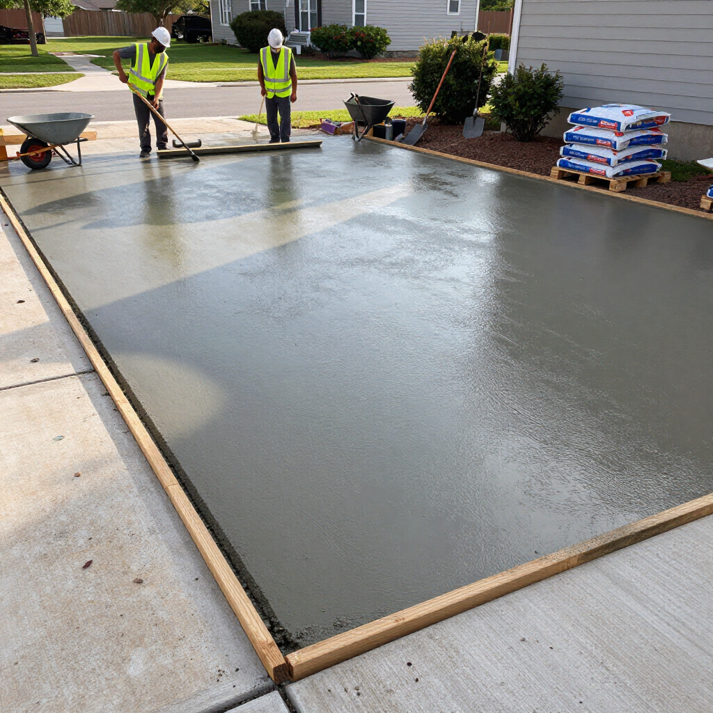 Workers smoothing a large wet concrete slab at a residential construction site