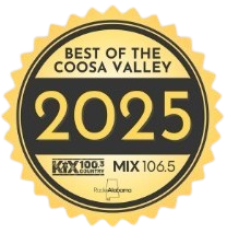 A gold seal with a black center reads "BEST OF THE COOSA VALLEY 2025," featuring radio station and network logos.