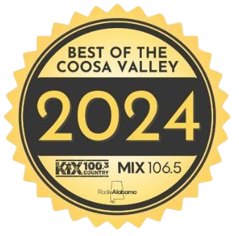 "Best of the Coosa Valley 2024" gold seal featuring the RadioAlabama logo, KIX 100.3, and MIX 106.5.