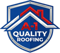 Logo for A-1 Quality Roofing featuring a red roof graphic over white text on a blue shield background with a silver border.