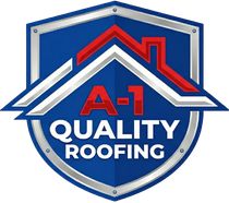 Logo for A-1 Quality Roofing featuring a red roof graphic over white text on a blue shield background with a silver border.