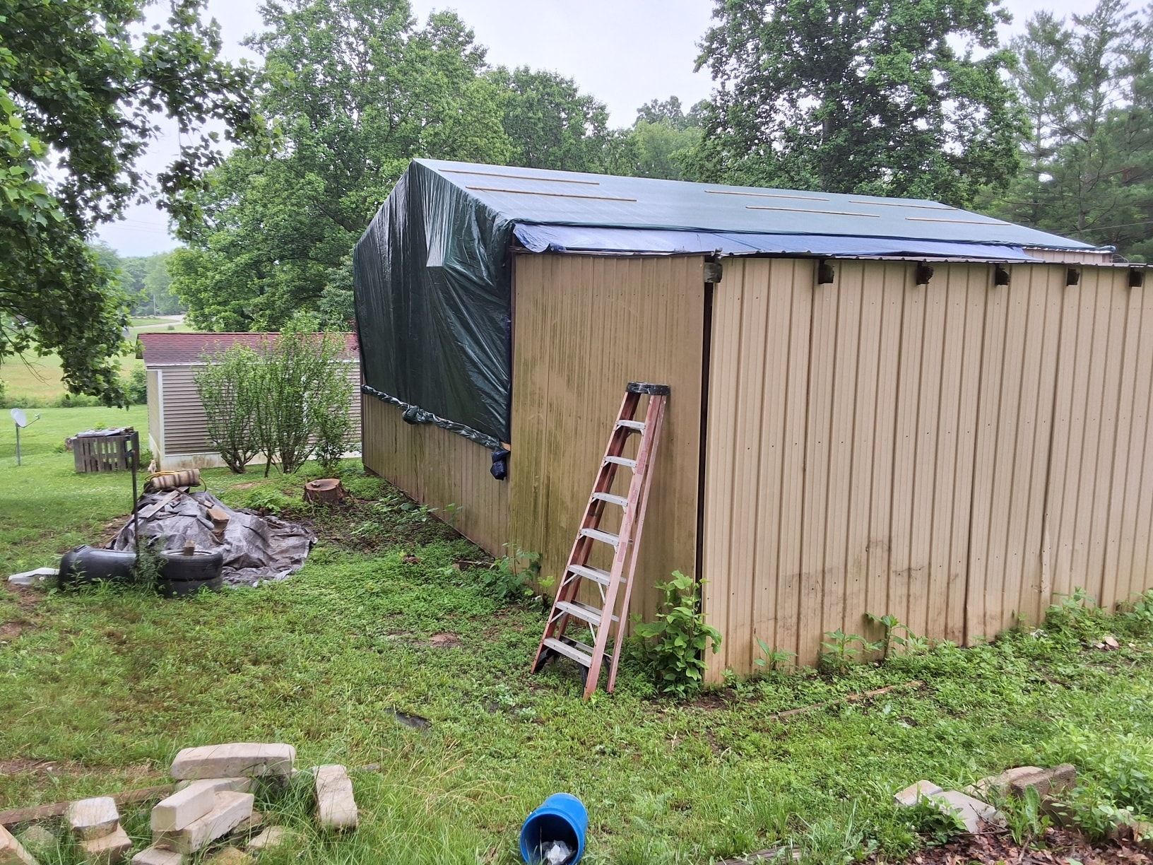 Small tan shed with black tarp roof, ladder leaning outside, and yard debris in a grassy backyard.