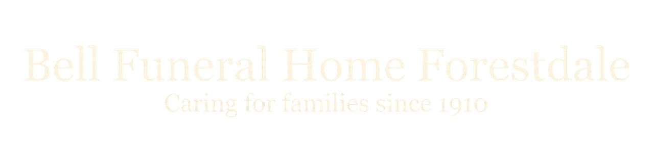 Bell Funeral Home Forestdale logo with gold text on a light background, with the tagline &ldquo;Caring for families since 1971&rdquo;