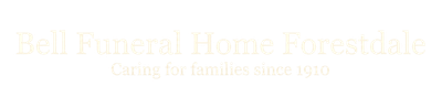 Bell Funeral Home Forestdale logo with gold text on a light background, with the tagline &ldquo;Caring for families since 1971&rdquo;