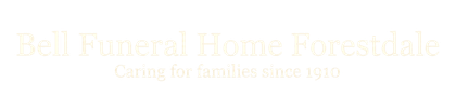 Bell Funeral Home Forestdale logo with gold text on a light background, with the tagline &ldquo;Caring for families since 1971&rdquo;