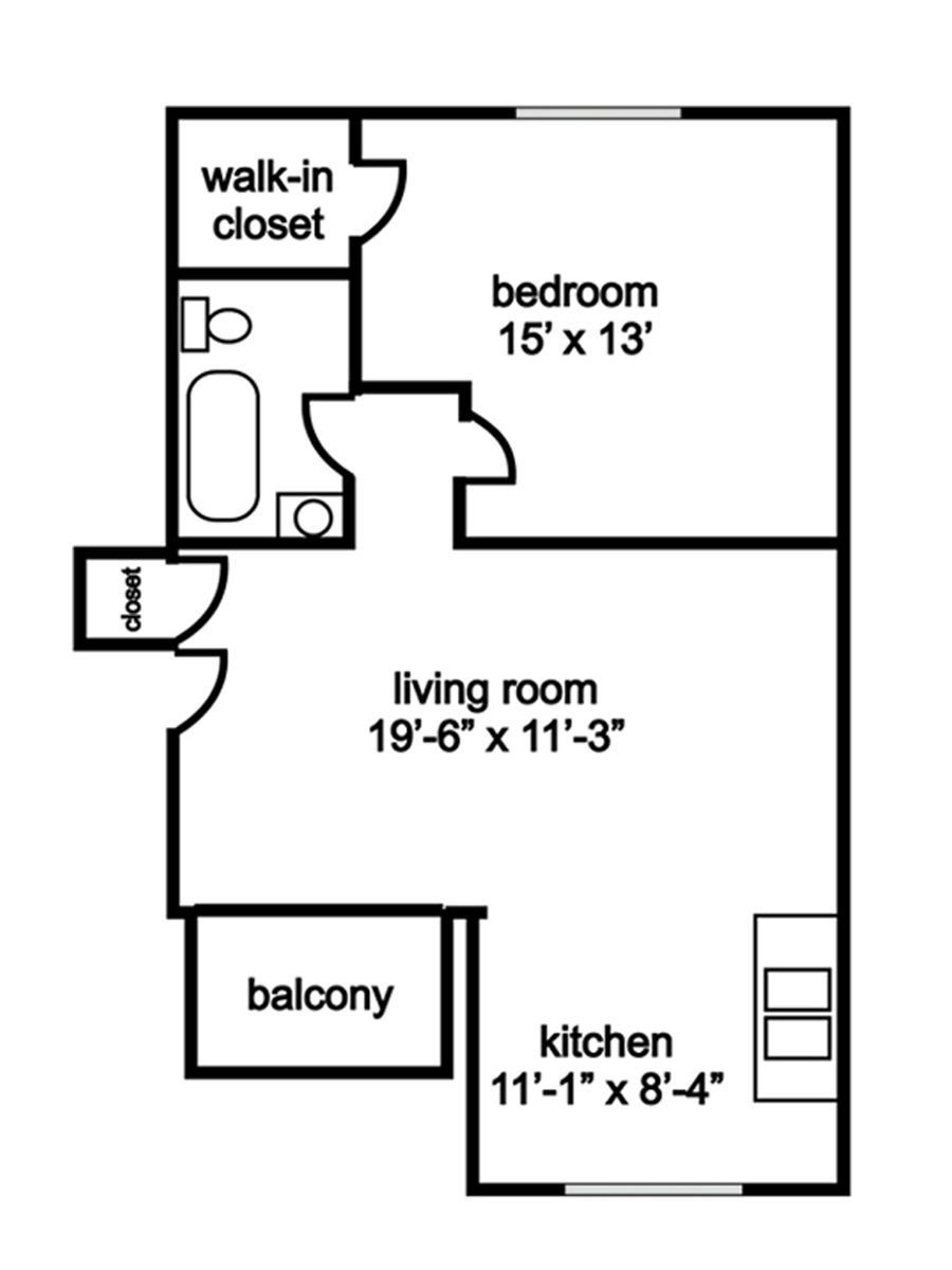 Floor plan of a one-bedroom apartment with a living room, kitchen, balcony, and walk-in closet.