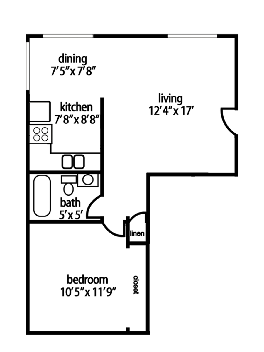 Floor plan of an apartment showing living room, dining area, kitchen, bedroom, and bathroom.