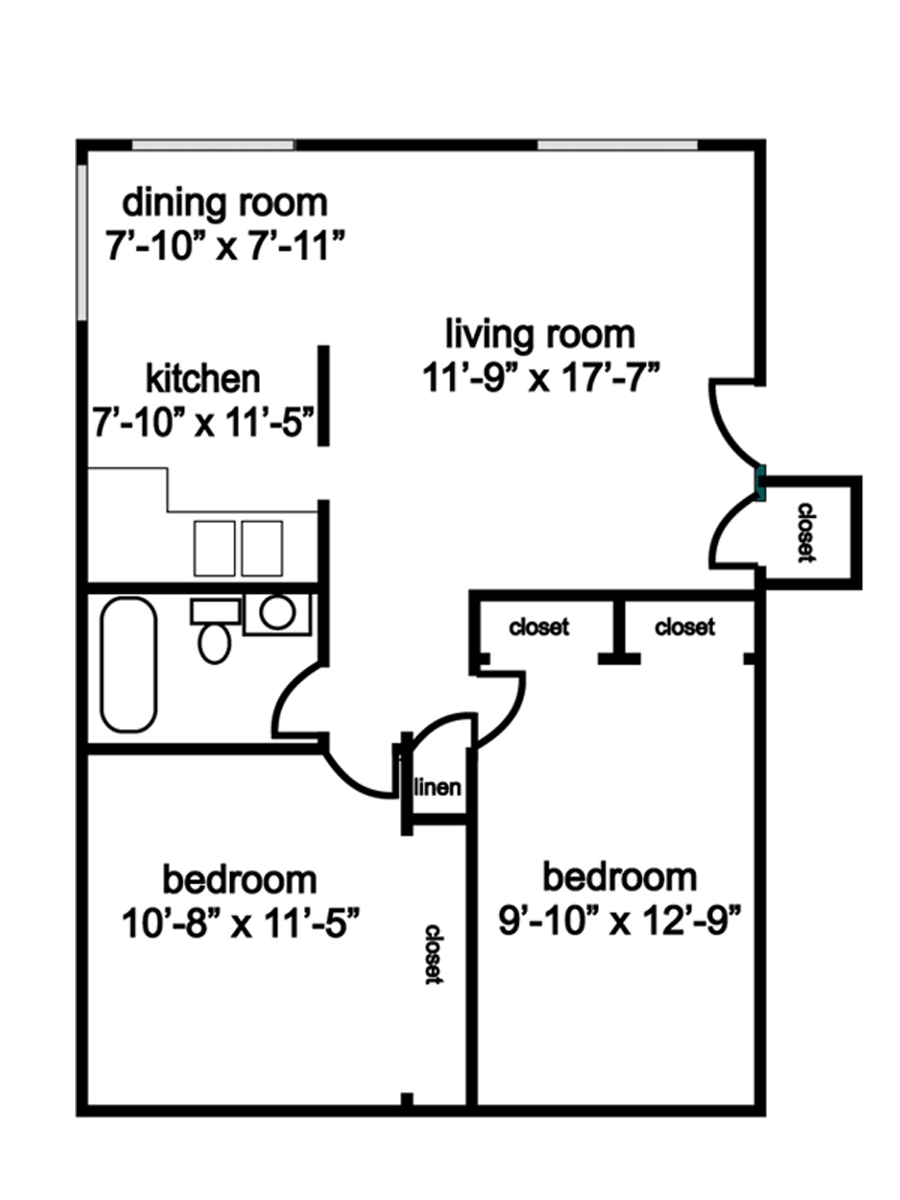 Floor plan of a two-bedroom apartment. Includes living room, dining room, kitchen, closets, and bathroom.