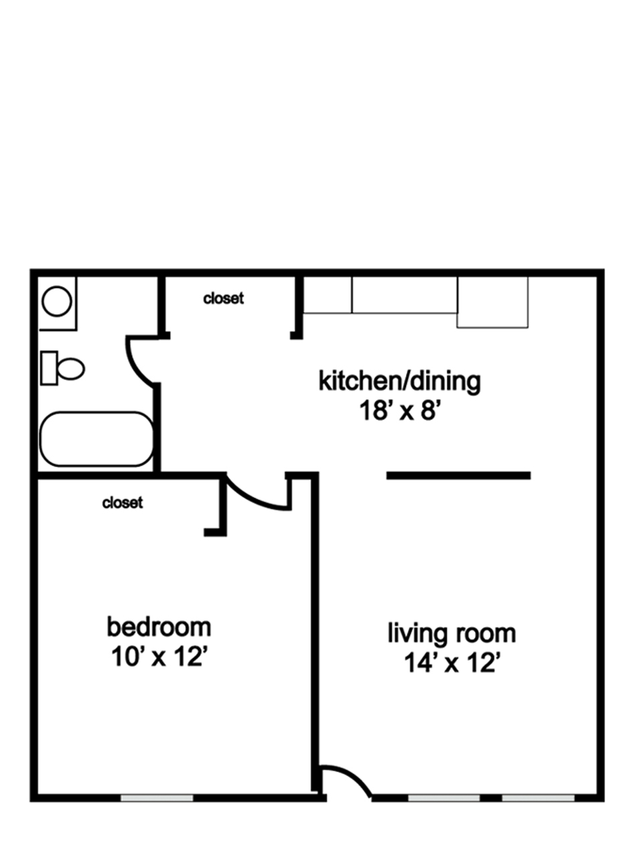 Floor plan of a one-bedroom apartment with labeled rooms: bedroom, kitchen/dining, living room, and bathroom.