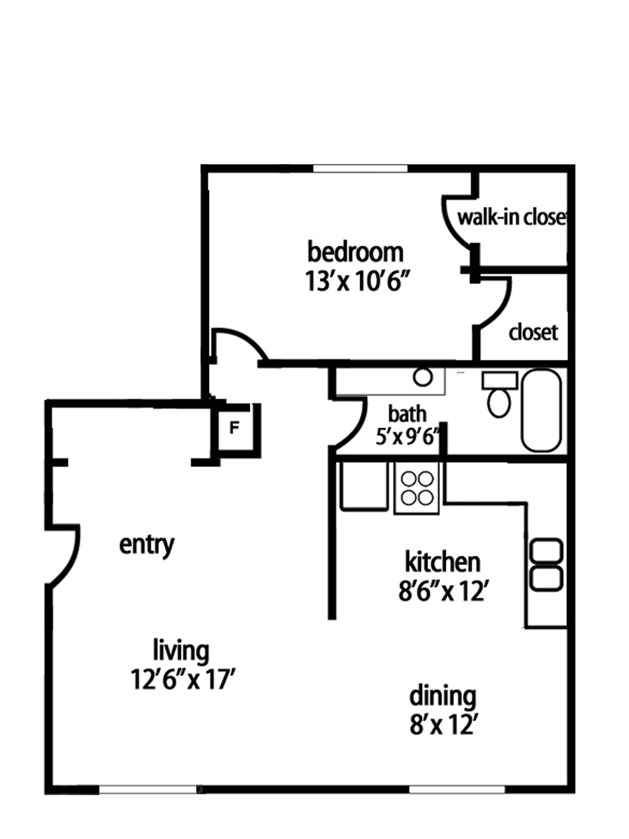 Floor plan of a one-bedroom apartment with a living room, dining area, kitchen, bathroom, and walk-in closet.