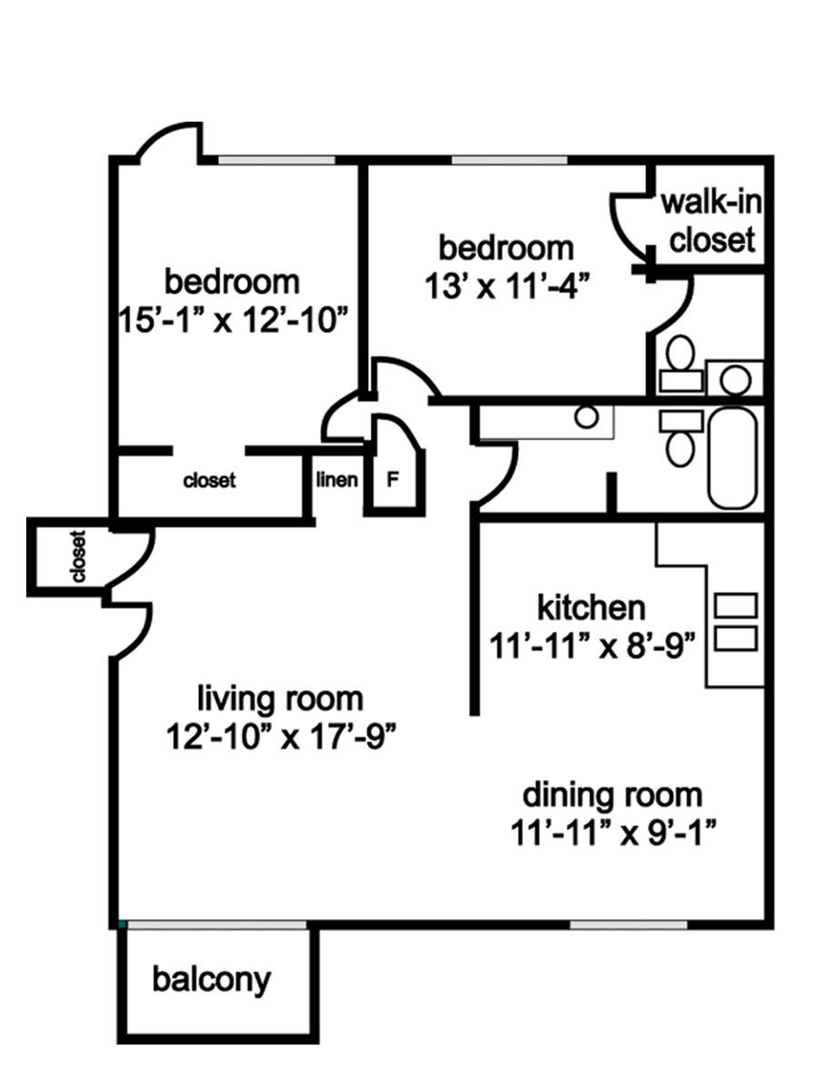 Floor plan of a two-bedroom apartment with a living room, kitchen, dining room, and balcony.