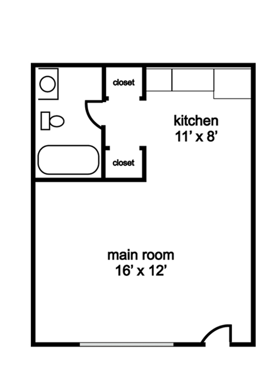 Floor plan of a studio apartment with a main room, kitchen, and bathroom.