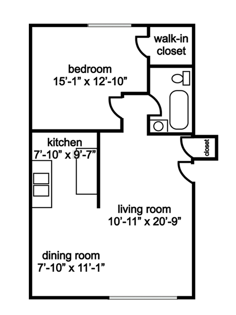 Floor plan of an apartment: bedroom, kitchen, dining room, living room, walk-in closet, and bathroom.