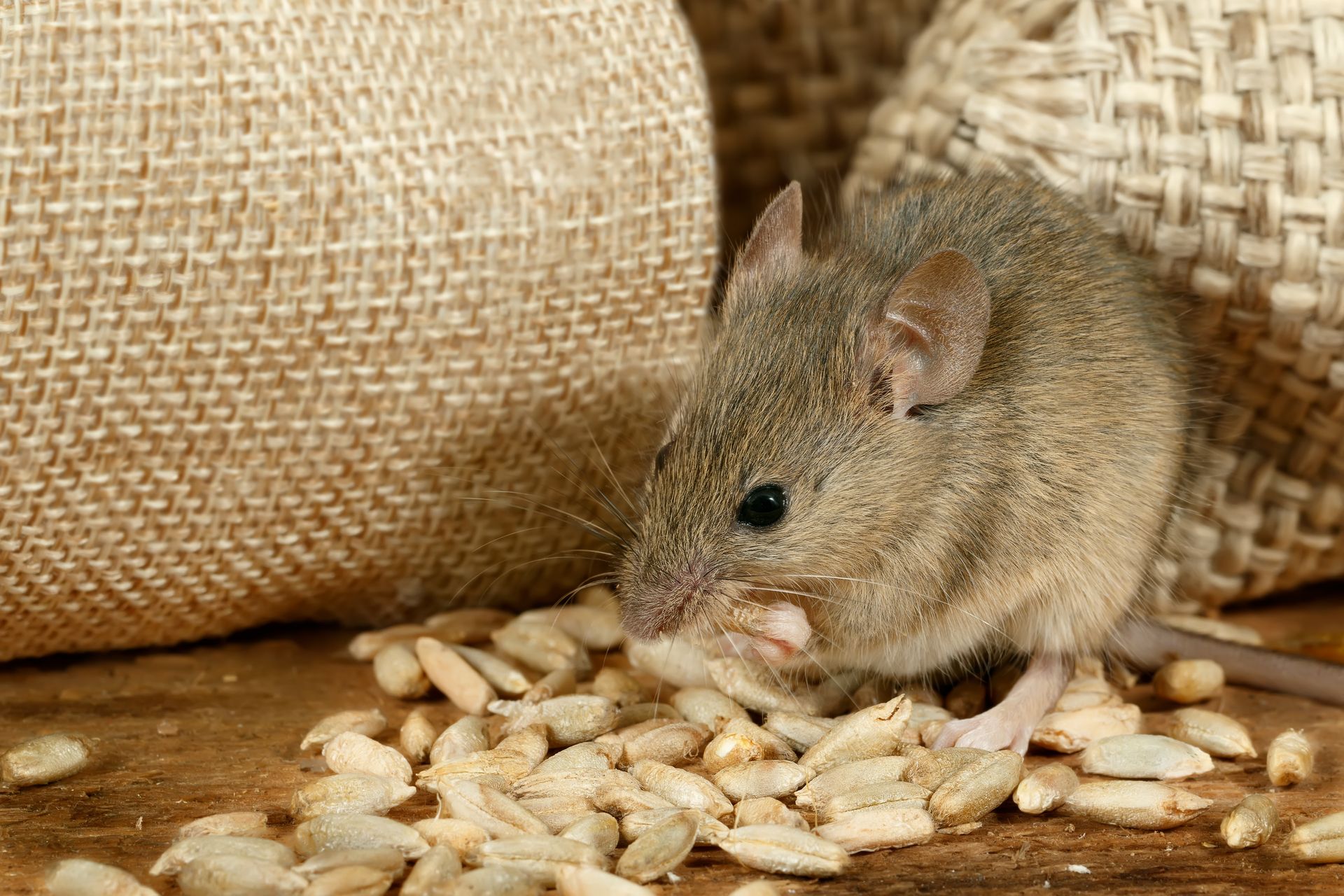 Small brown mouse nibbling scattered grains beside a burlap sack. Small brown mouse nibbling scattered grains beside a burlap sack.