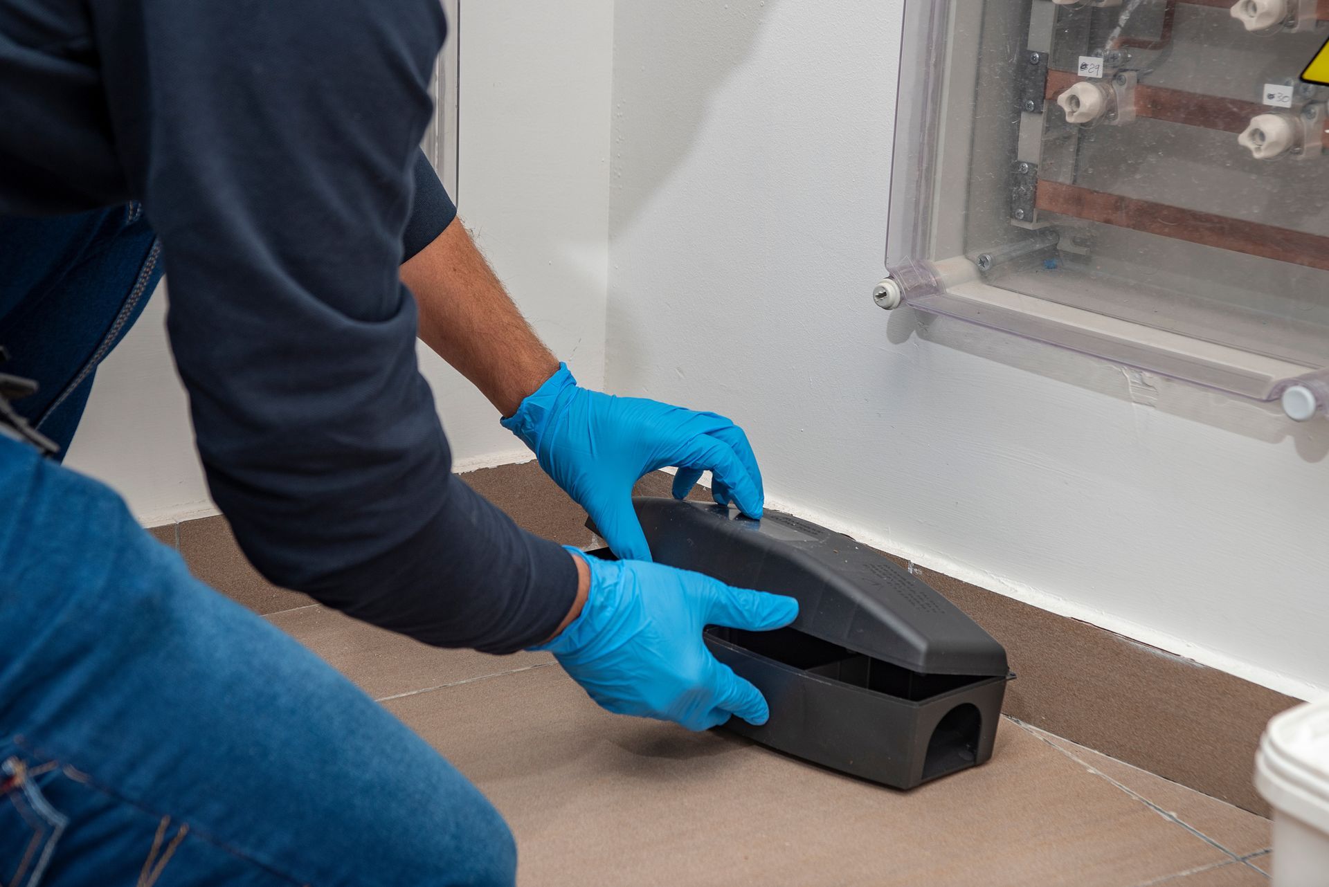 Worker in blue gloves holding a black inspection camera on a floor near a wall panel. Worker in blue gloves holding a black inspection camera on a floor near a wall panel.
