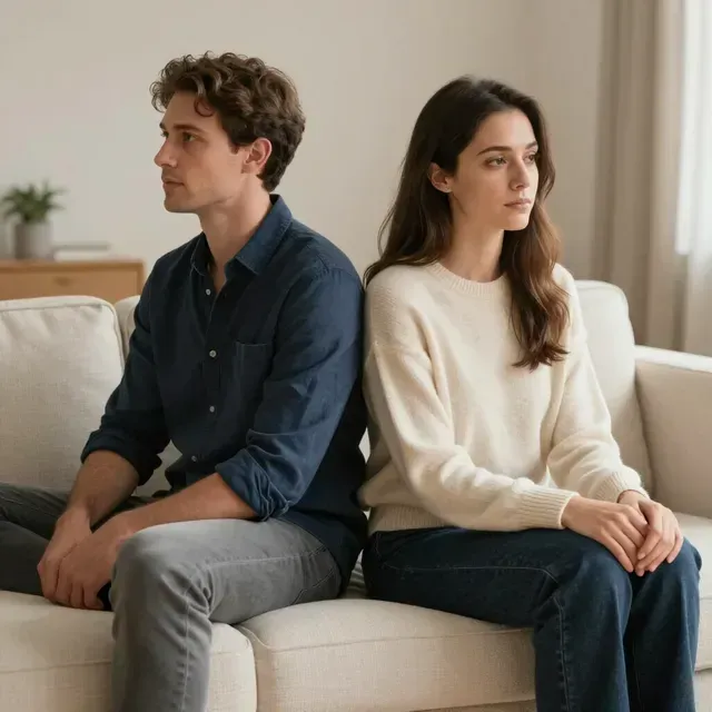 Two people sit back-to-back on a beige couch, looking away in a softly lit room.