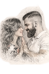 Couple facing and looking each other eyes to eyes while smiling.
