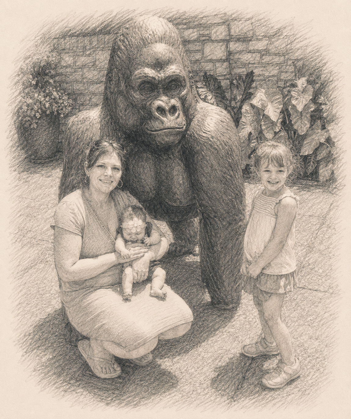 Holly with her child beside a gorilla statue while another child stands nearby in a garden setting