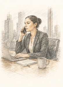 Sketch of a professional woman at her office desk, on the phone during a demanding workday