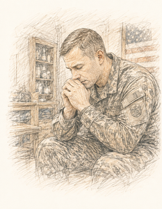 Sketch of a service member in uniform, head bowed and hands clasped, an American flag behind him