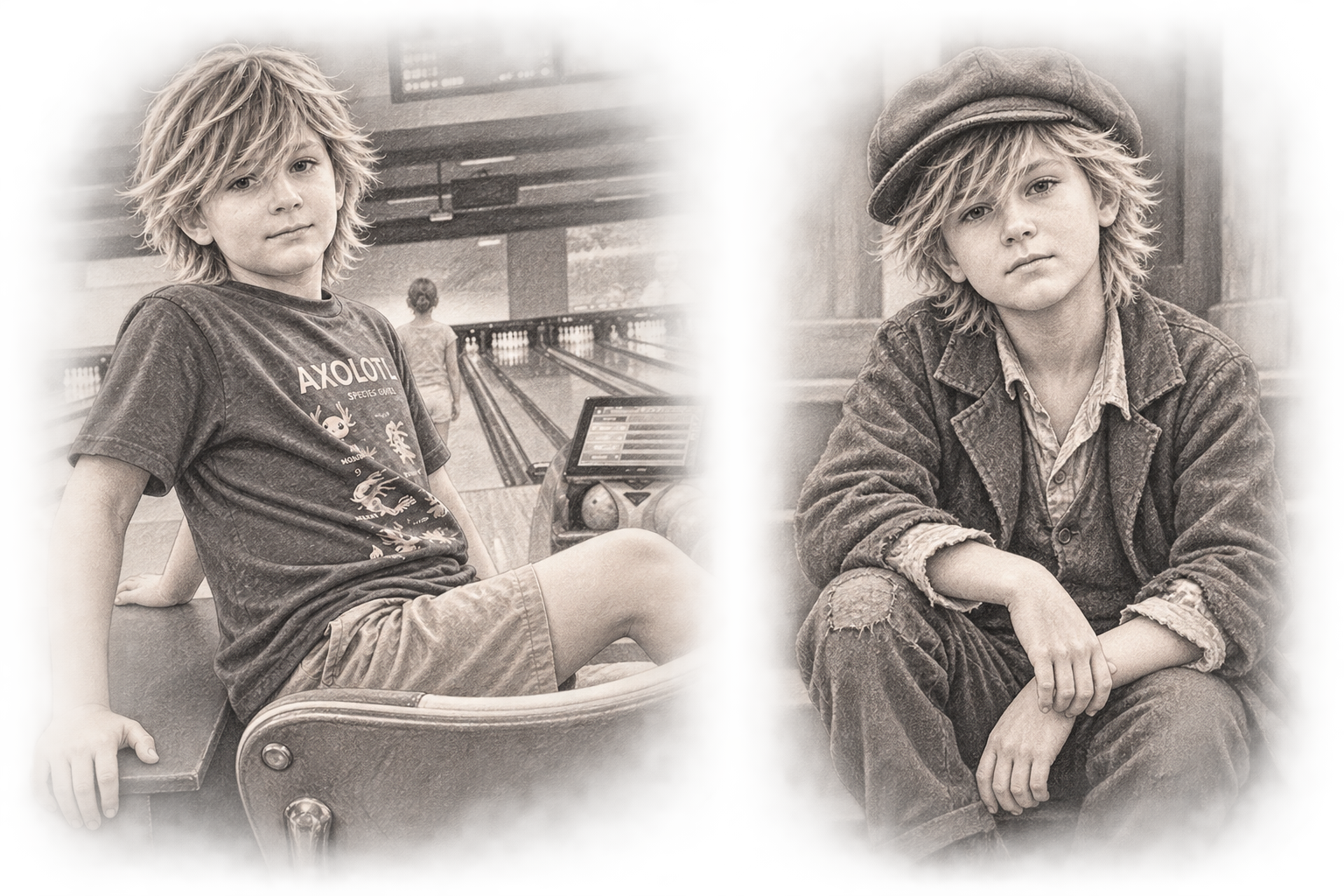Sketch-style illustration of a young boy with long hair sitting in a red chair in front of glowing c