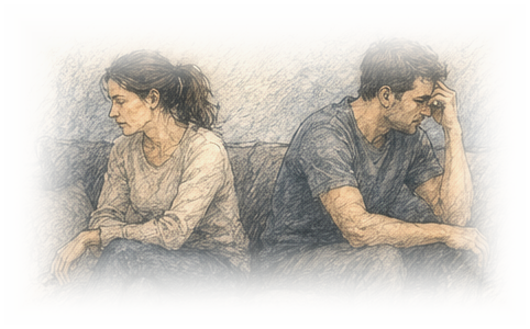Sketch of a couple sitting apart on a couch, turned away from each other in tense silence