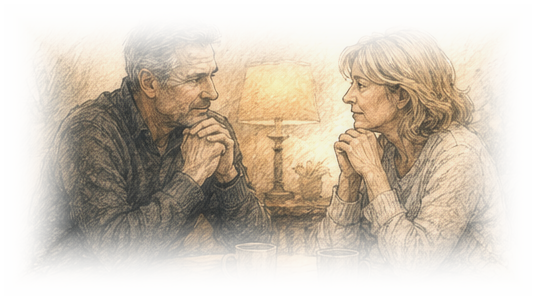 Sketch of an older couple leaning in across a lamplit table, hands clasped in conversation