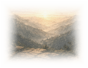 A misty mountain valley glowing in soft sunrise light