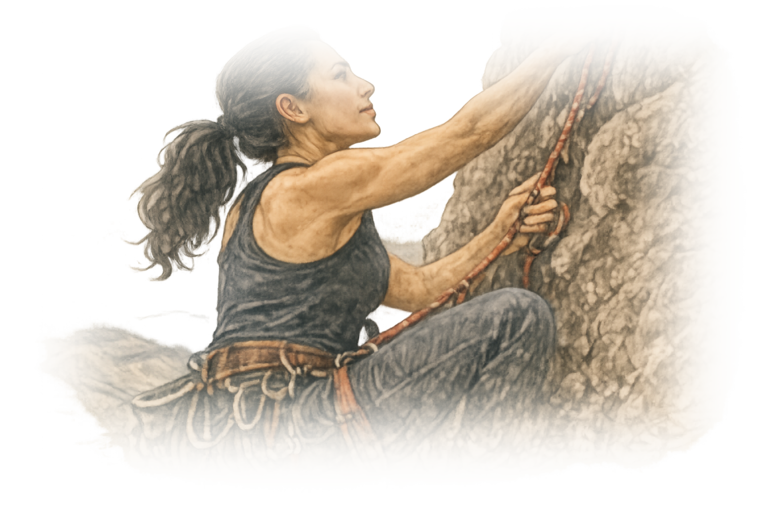 Illustration of a woman rock climbing, focused and determined on the rock face