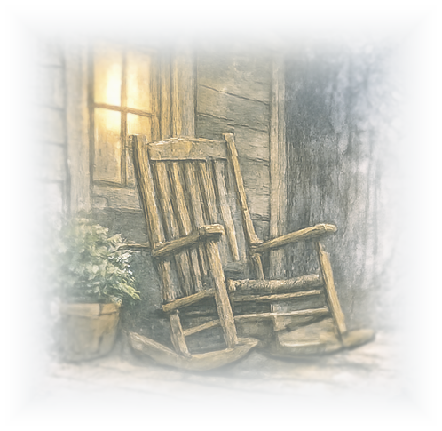 Wooden rocking chair on a porch beside a lit window, with a potted plant nearby.